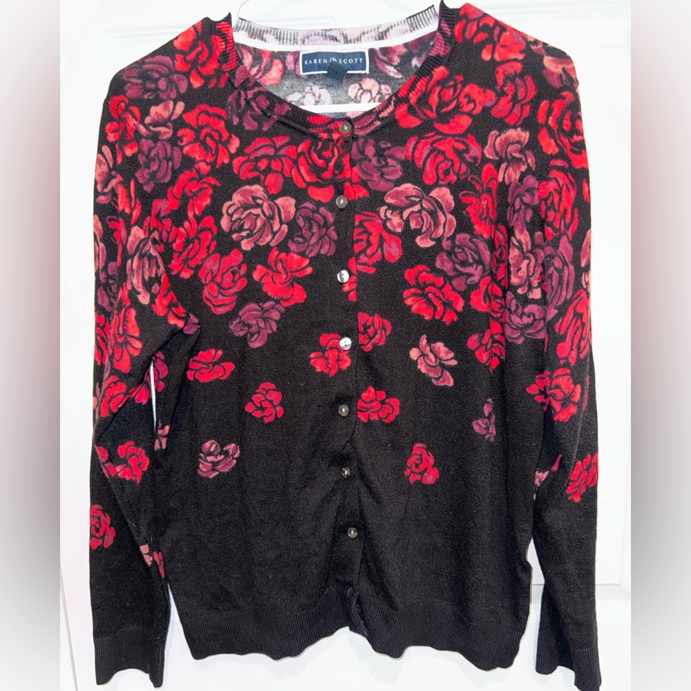 Karen Scott Black Cardigan with Red and Pink Rose Print